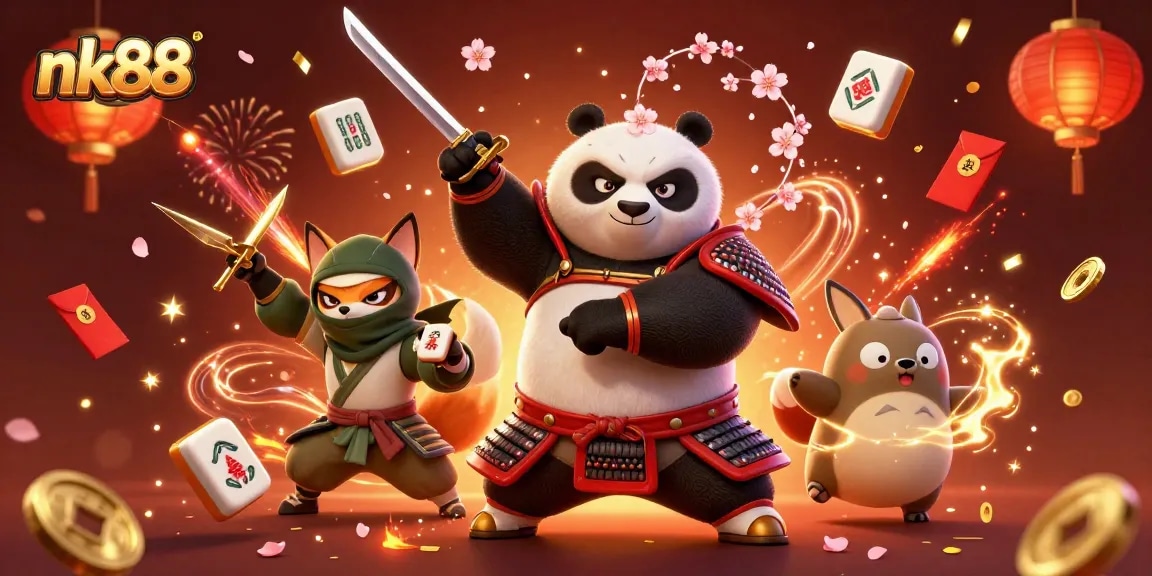 Experience the thrill of nk88 as a samurai panda draws a katana and celebrates with friends in a festive scene.