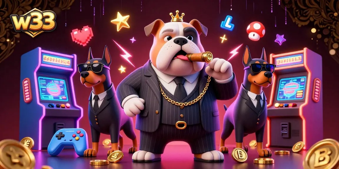 Spin the reels at w33 Casino with a mafia-themed illustration full of games and excitement.