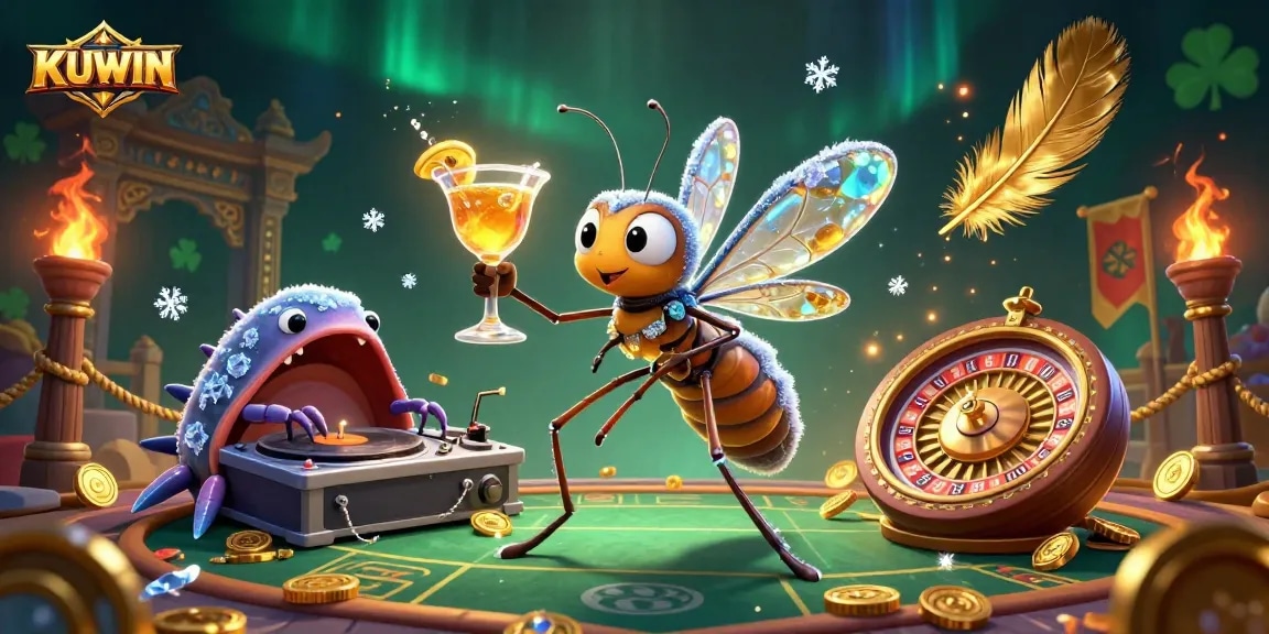 Bet big on KUWIN with a vibrant casino scene featuring a frozen mosquito mascot, trilobite DJ, and golden roulette wheel.