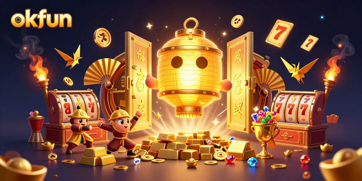 Experience the vibrant excitement of okfun with dynamic slot reels and glowing treasures in a magical casino scene.