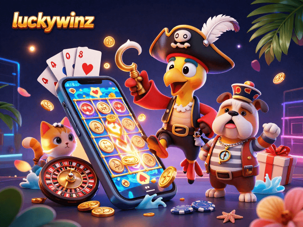 Spin colorful slot games and collect winnings with luckywinz casino characters in a vibrant 3D scene.