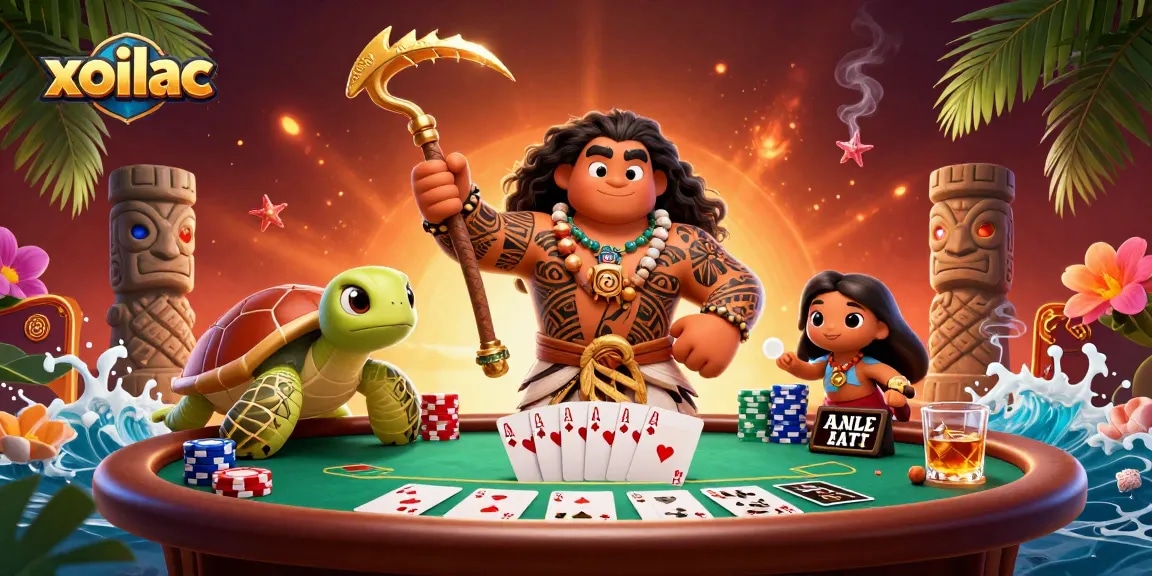 Engage in poker with xoilac's vibrant 3D artwork featuring Polynesian characters and casino elements.