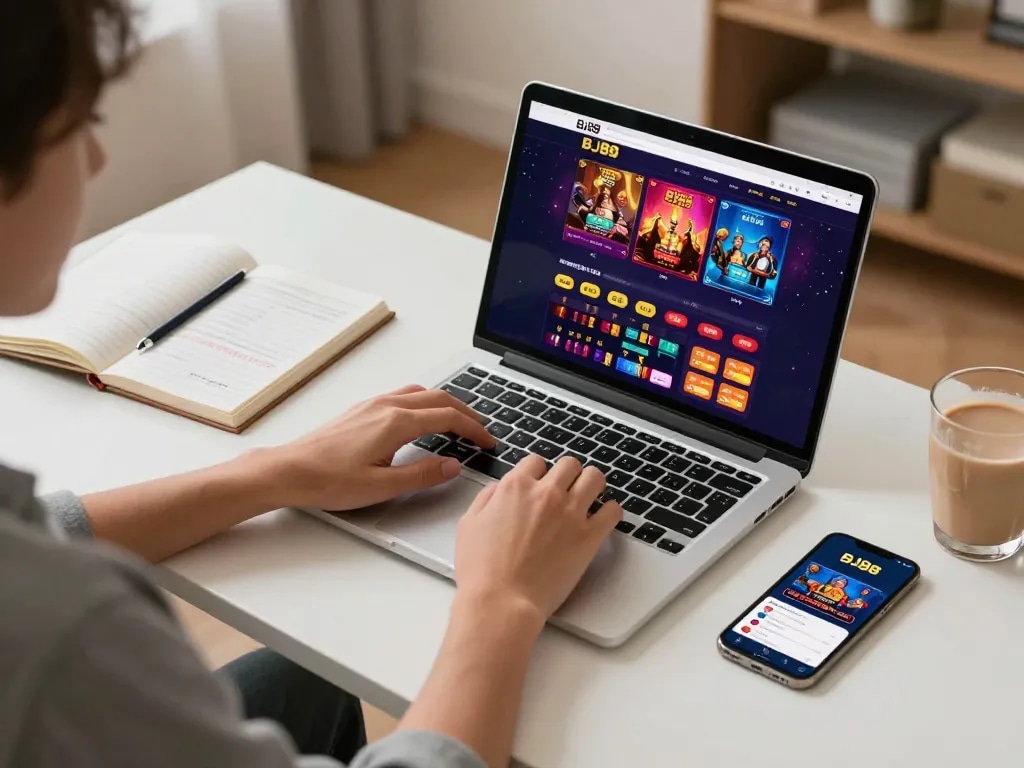 Player engaging in online casino gaming at BJ88, showcasing the vibrant casino interface and strategic preparation.