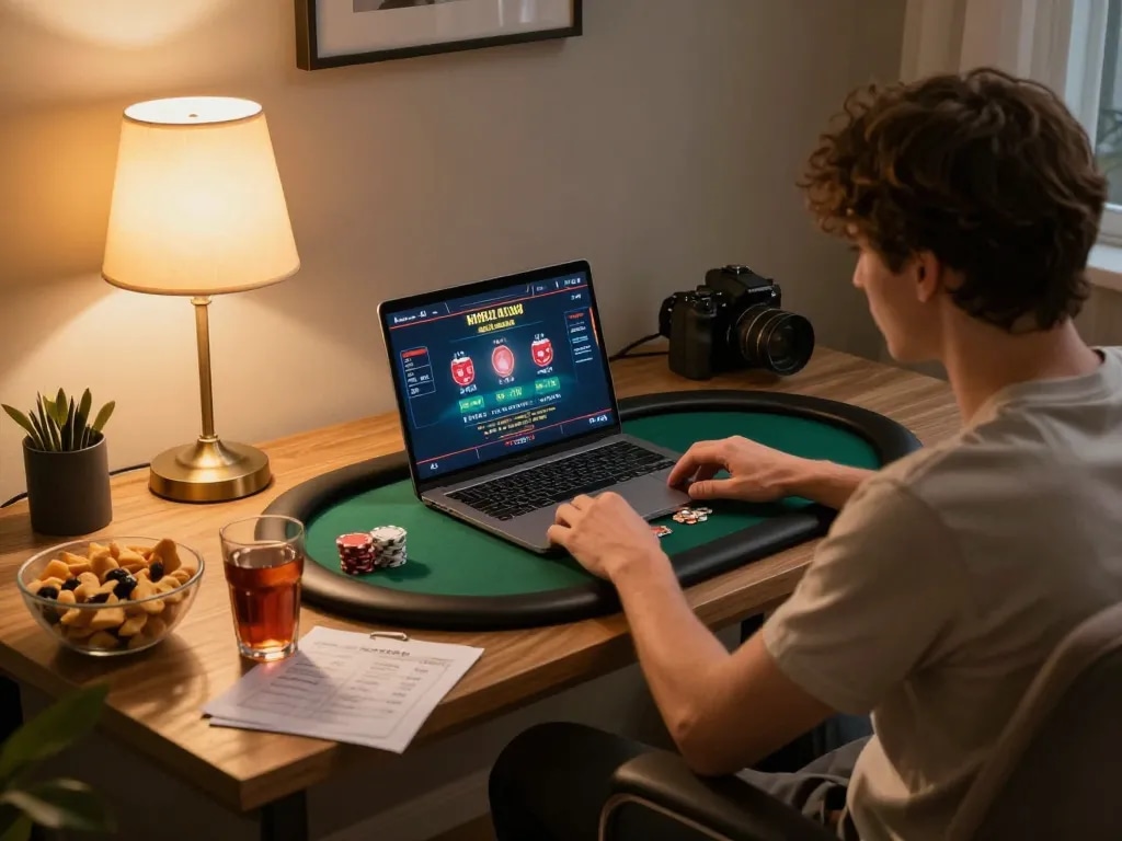 Player enjoying a poker game on 789bet from a cozy home setup, showcasing relaxed online gaming.