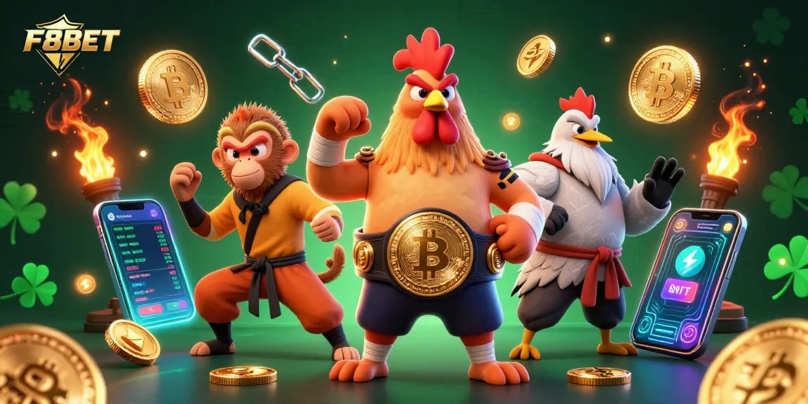 Experience F8BET action with vibrant characters and dynamic crypto elements in this 3D illustration.