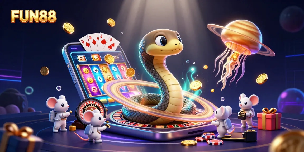 Engage with FUN88's casino excitement, featuring a thrilling scene of astronaut mice betting on a cosmic roulette.