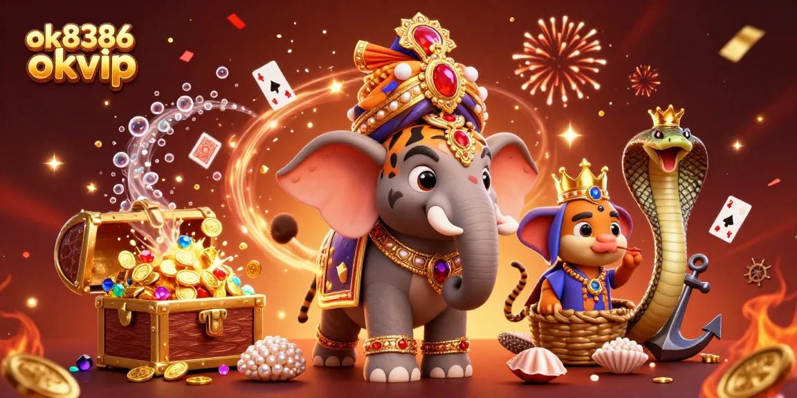 Experience the excitement of ok8386 okvip with vibrant 3D casino elements, featuring a majestic maharaja tiger and jewels.