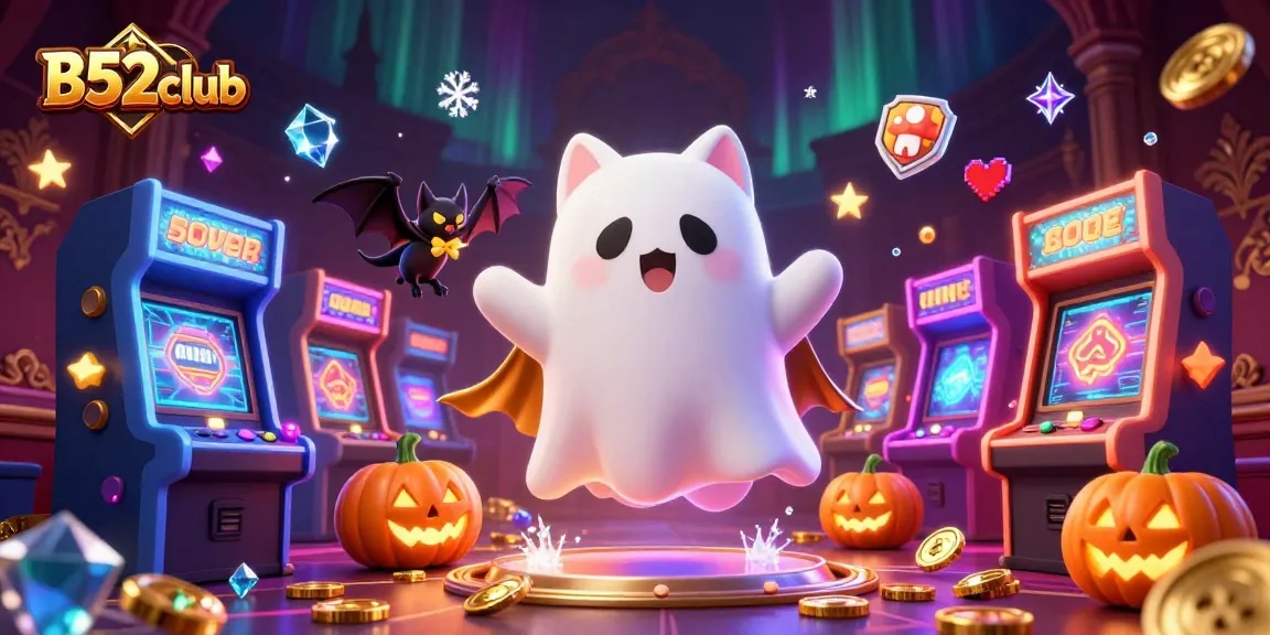 B52club: Ghost cat and vampire bat enjoy thrilling casino games amidst glowing arcade machines and jack-o-lanterns.
