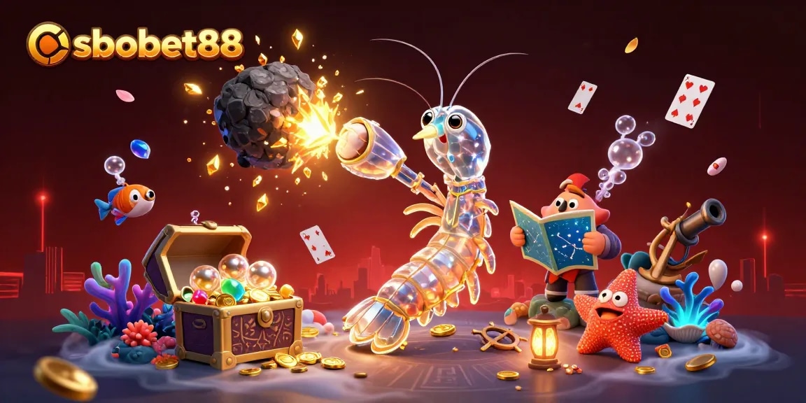 Explore sbobet88 with our dynamic illustration of thrilling carnival-like adventure in an underwater casino world.