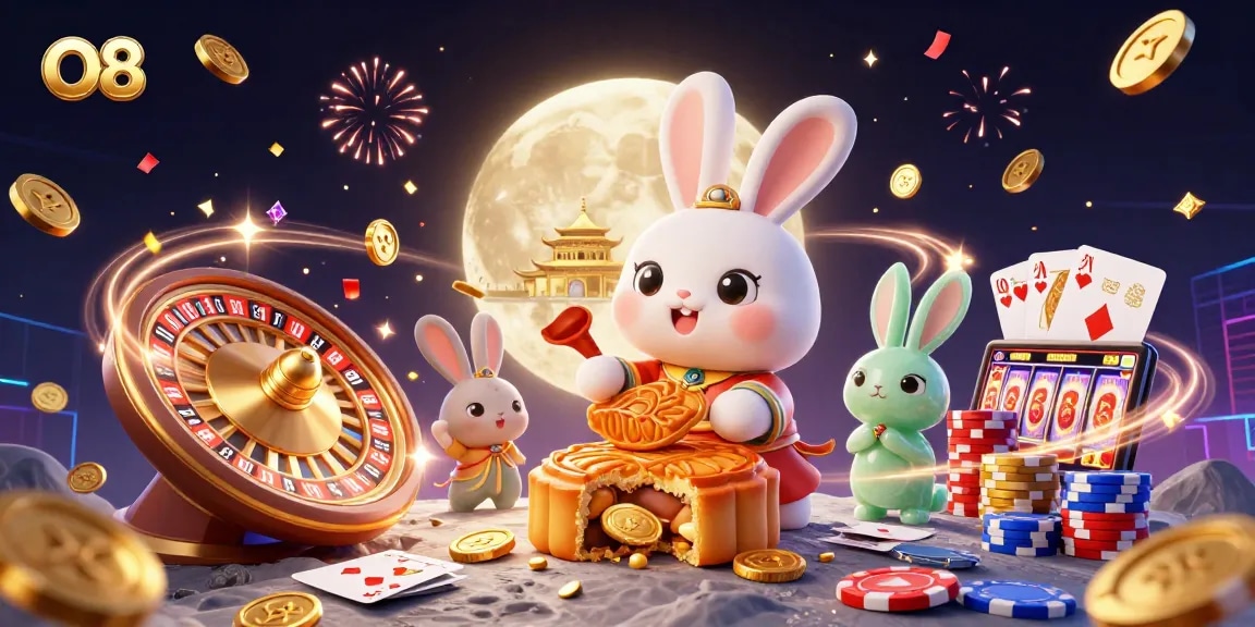 Win big at O8 casino with the moon rabbit and poker chips in a vibrant 3D scene.