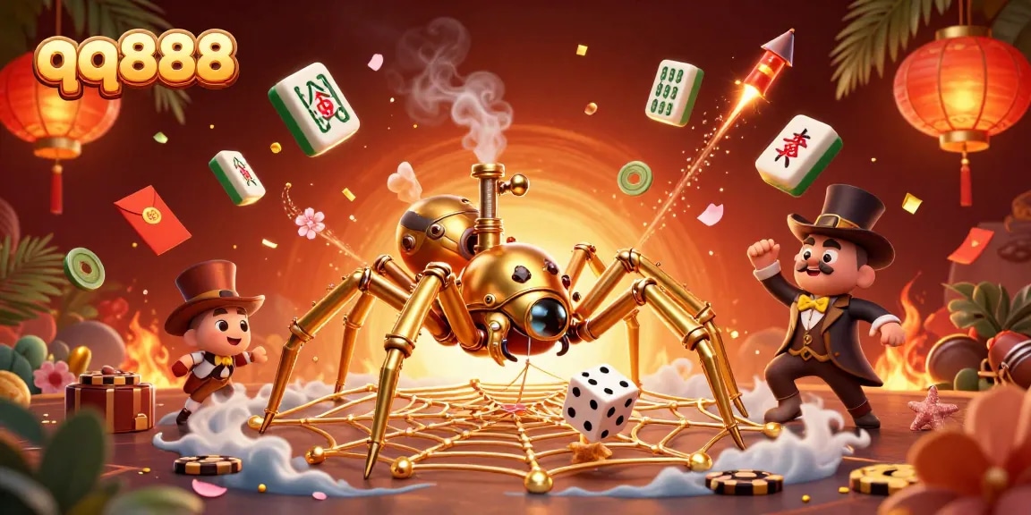 Join the thrilling world of qq888 as the steampunk spider captures luck with poker chips.