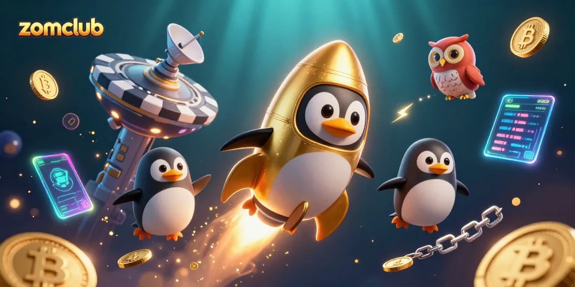 Zomclub offers thrilling casino action featuring a golden penguin blasting through space to a poker chip casino.