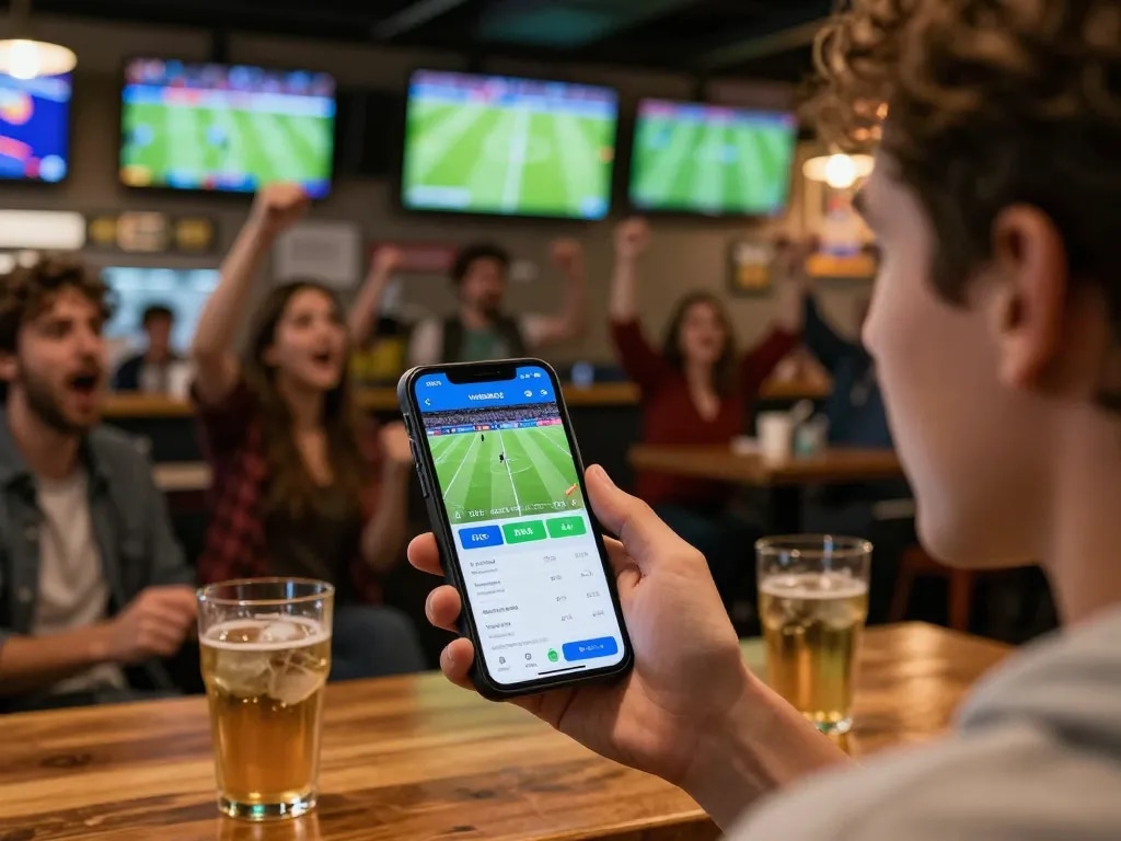 Enjoying live sports betting on vuasanco app in a lively sports bar atmosphere