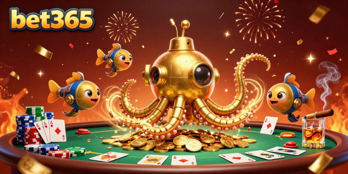 Engage in thrilling poker matches at bet365 with a golden kraken submarine amidst coins and cards.