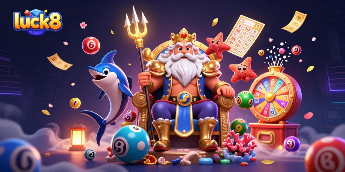 Experience luck8's thrilling online casino with vibrant games and stunning visuals in this dynamic 3D illustration.