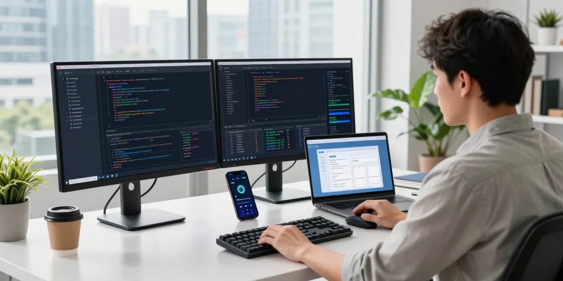 快连 user-friendly interface on a developer's desk with coding displays, creating a vibrant and productive tech workspace.