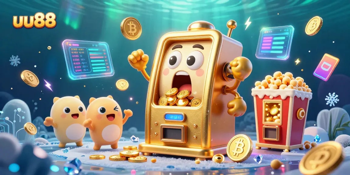 Experience the excitement of uu88 with a golden slot machine hitting the jackpot in this lively casino scene.