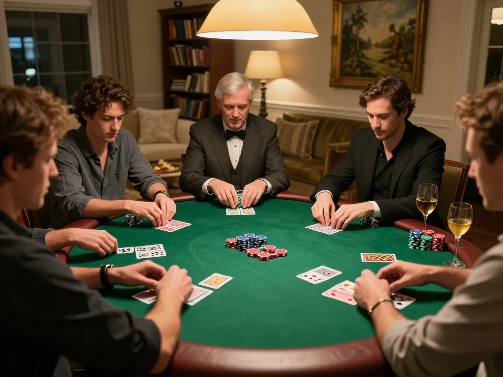 Engaging poker game at home portrayed by 8kbet, showcasing players' strategies and atmosphere of friendly competition.