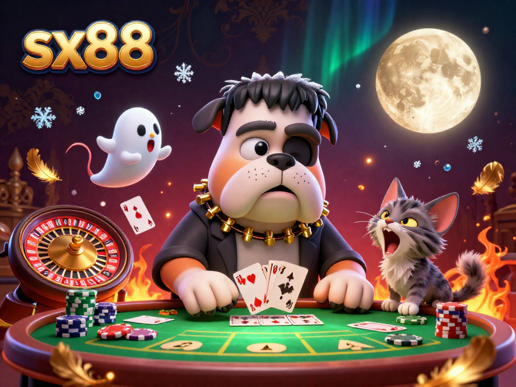 Experience the lively scene of sx88 with a quirky bulldog dealer, ghost mouse, and werewolf kitten at a casino table.
