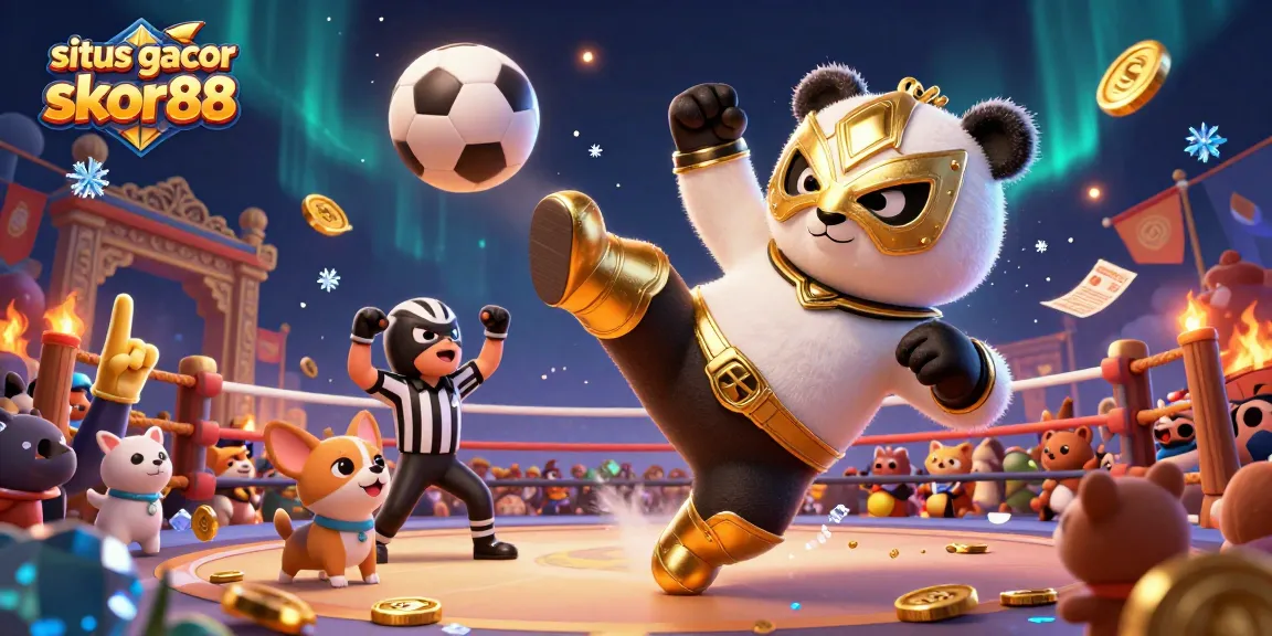 Engage with situs gacor skor88 at a vibrant casino scene featuring a panda wrestler and cheering animal fans.