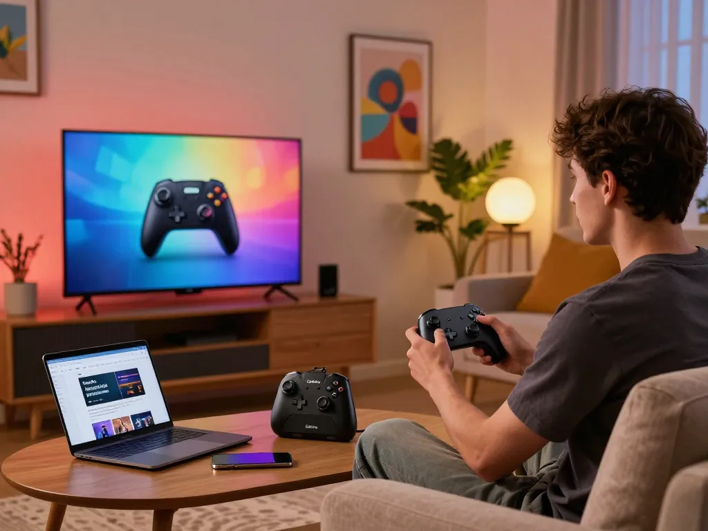 Young adult gaming in a modern living room with top 10 tech gadgets 2039, featuring Bluetooth devices and stylish decor.