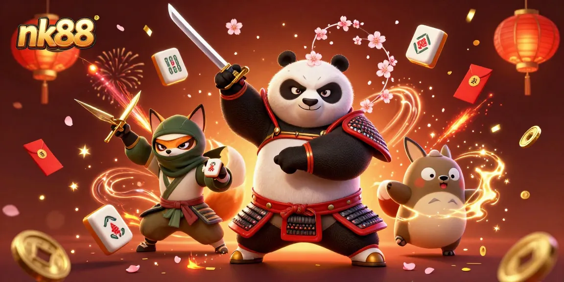 Experience the thrill of nk88 as a samurai panda draws a katana and celebrates with friends in a festive scene.