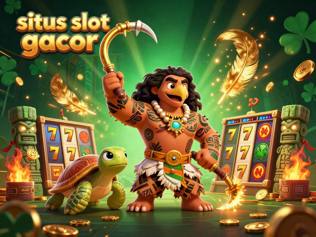 Experience winnings at situs slot gacor with a dynamic illustration of a cartoon demigod hawk amidst vibrant slot gaming elements.