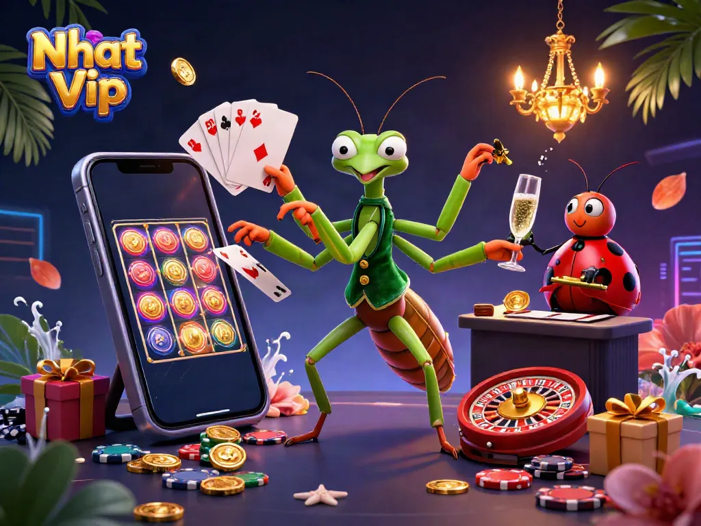 Nhat Vip's vibrant 3D illustration showcasing exciting gaming elements with a card sharp and pit boss.