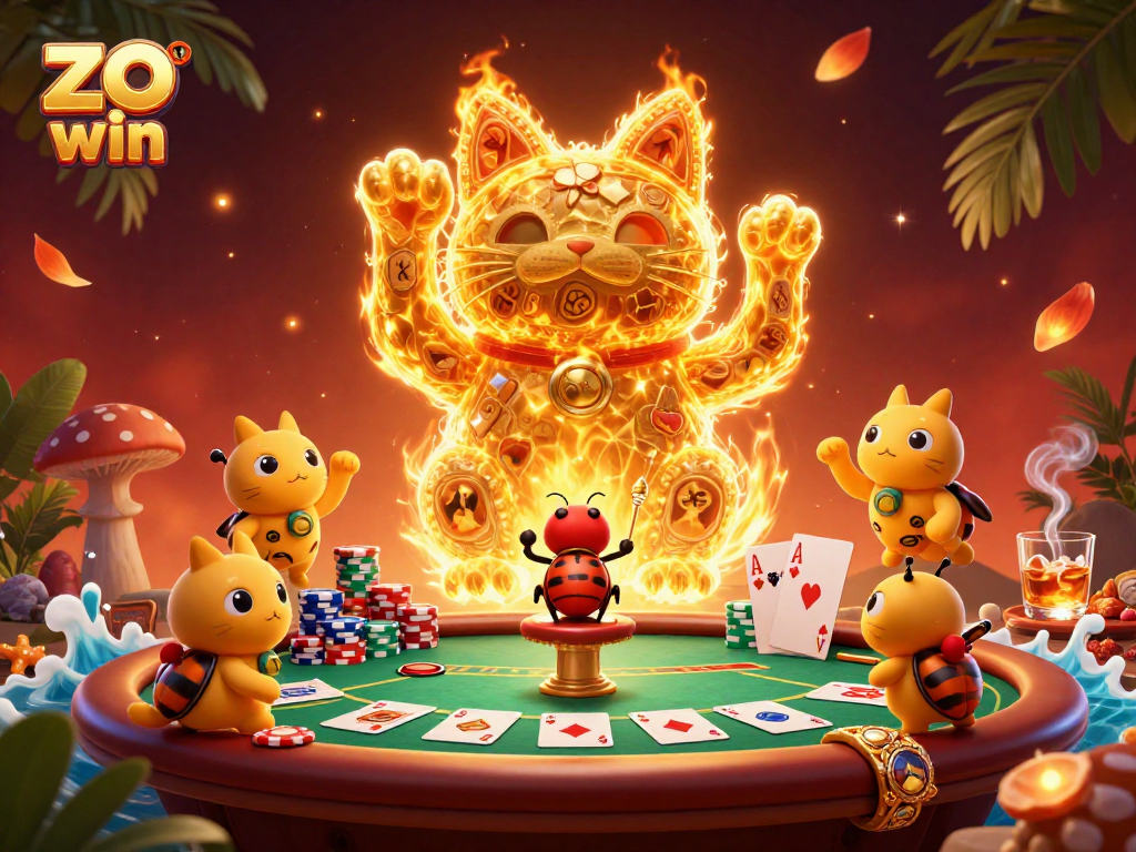 Experience excitement with ZO WIN's golden lucky cat and vibrant poker scene.