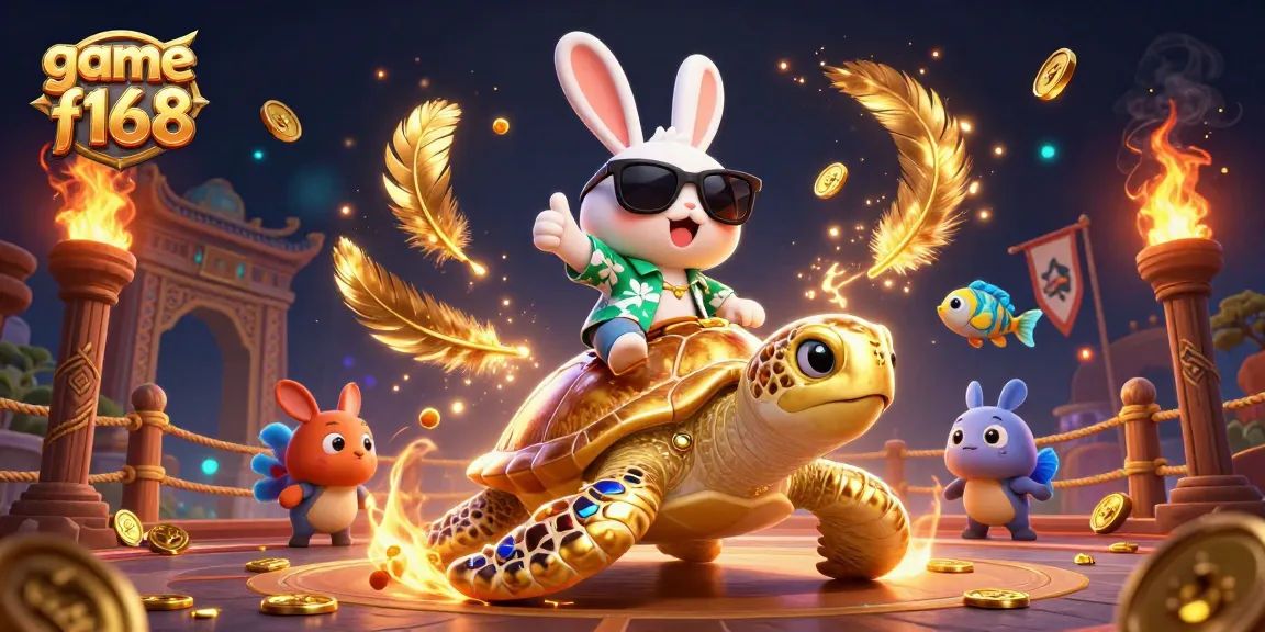Experience the thrilling game f168 as the lucky rabbit rides a turtle amidst vibrant casino elements.