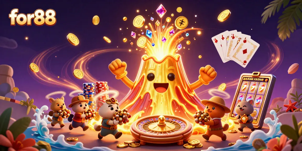 Spin and win with for88 as the golden volcano erupts with treasures in this vibrant casino scene.