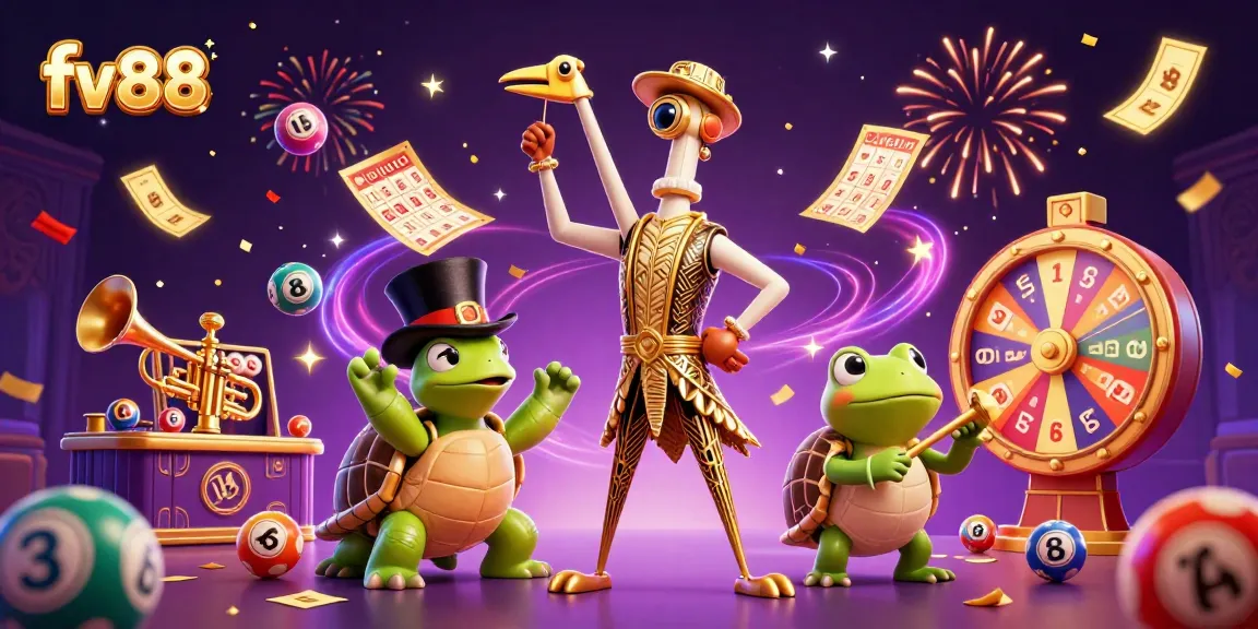 Experience the excitement of fv88 with colorful lottery balls and vibrant characters at a lively casino scene.