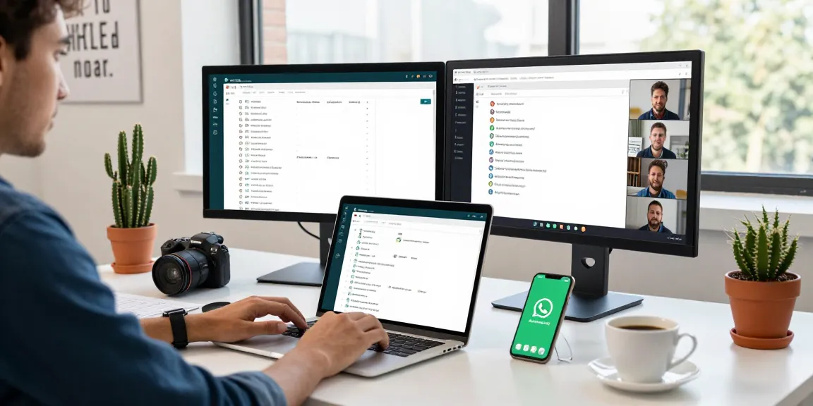 Professional using WhatsApp網頁版 in a modern office space, showcasing connectivity.