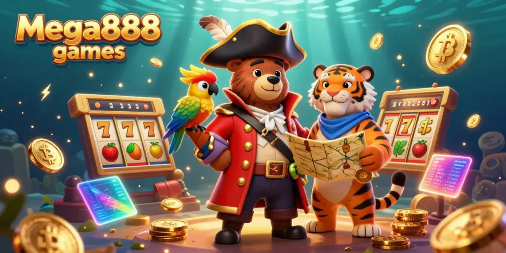 Win big with Mega888 games featuring vibrant slot reels and characters in a dynamic scene.