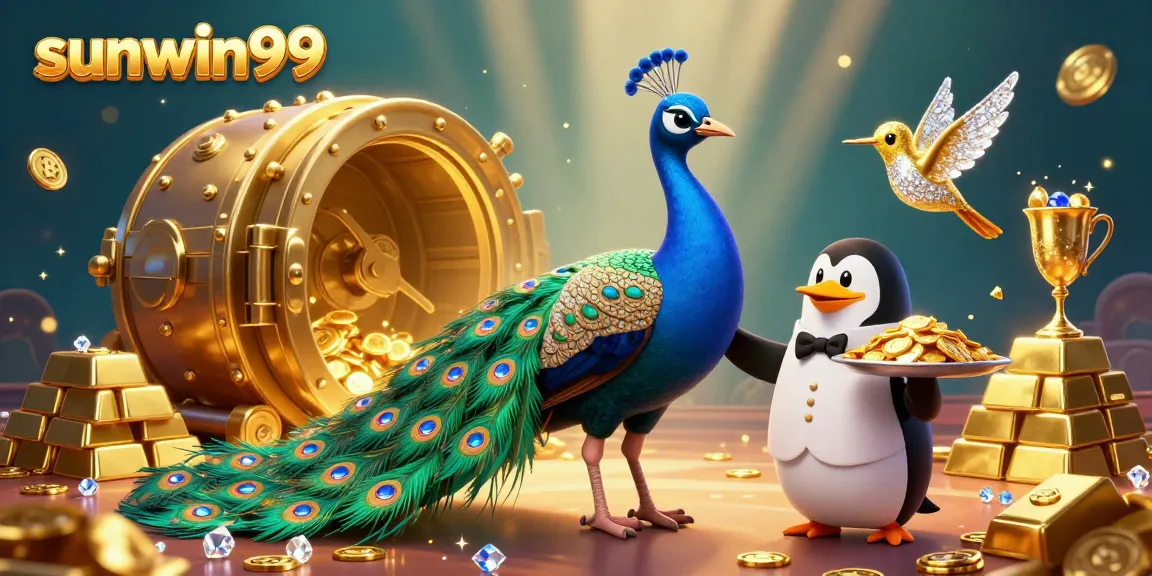 Experience the vibrant sunwin99 casino atmosphere with a peacock, butler penguin, and hummingbird amidst golden riches.