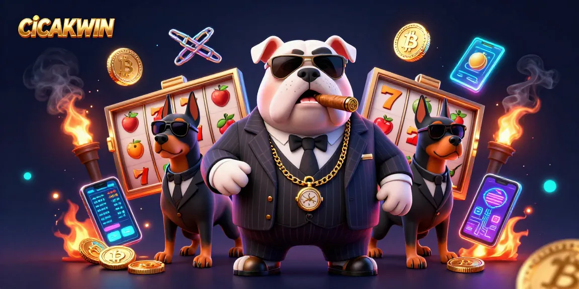 CICAKWIN showcases an exhilarating casino scene with a mafia bulldog and bodyguard Dobermans amidst slot reels.