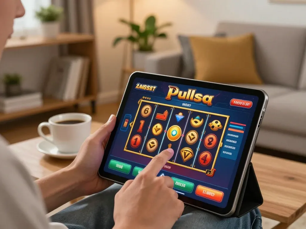 Player engaging in slot pulsa gaming on a tablet in a cozy living room setting.