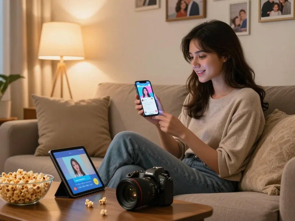 Woman interacting with her AI gf on smartphone in cozy living room, highlighting modern companionship.