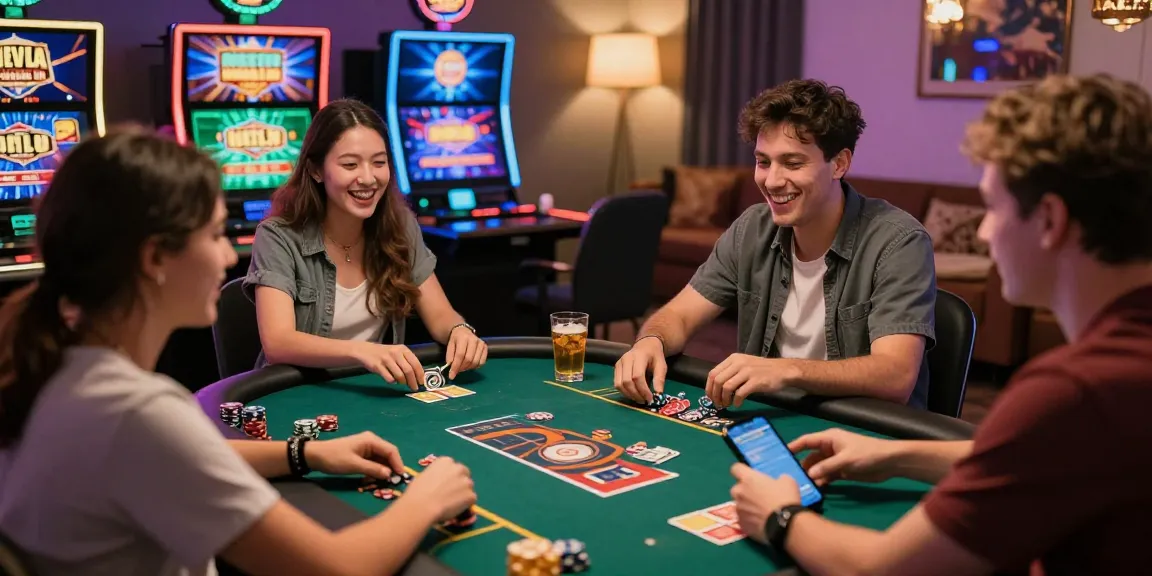 Ein unterhaltsamer Spieleabend in einem Paysafe Card Casino mit Freunden, die an virtuellen Tischen engagiert sind.