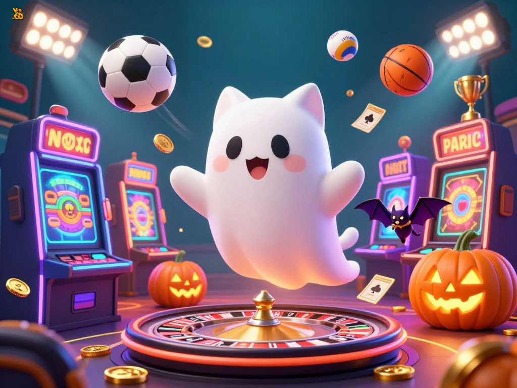 Yo 88 lively ghost cat and vampire bat animating a vibrant casino scene packed with sports elements.