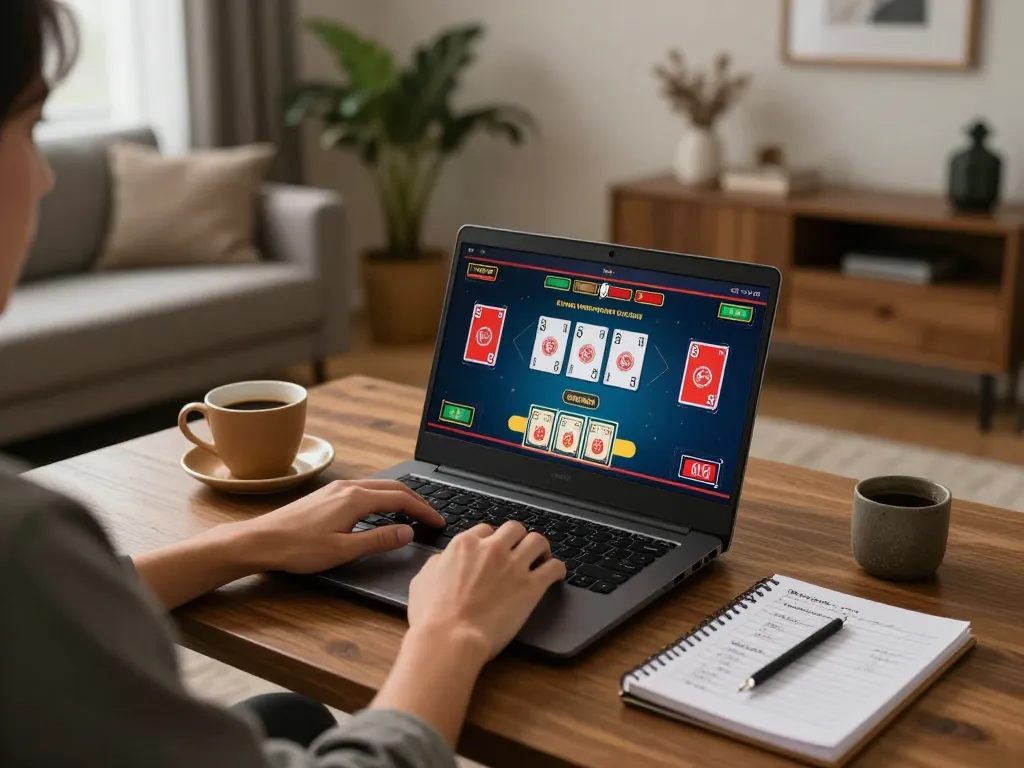 Kuwin đăng nhập for online casino gaming at home with strategic notes visible.