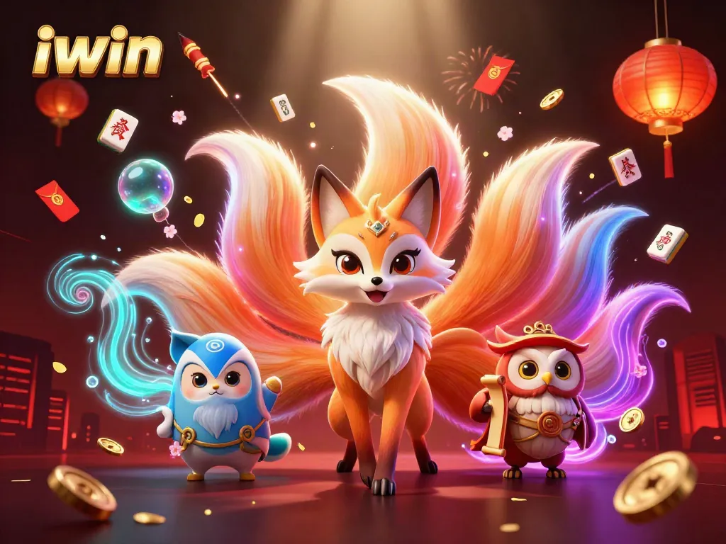 Experience thrilling gameplay with iwin, featuring a vibrant 3D illustration of a mystical fox, sage, and gambling elements.