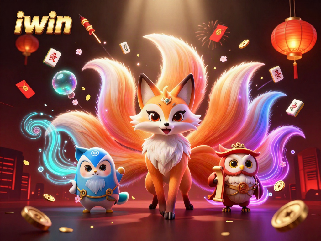 Experience thrilling gameplay with iwin, featuring a vibrant 3D illustration of a mystical fox, sage, and gambling elements.