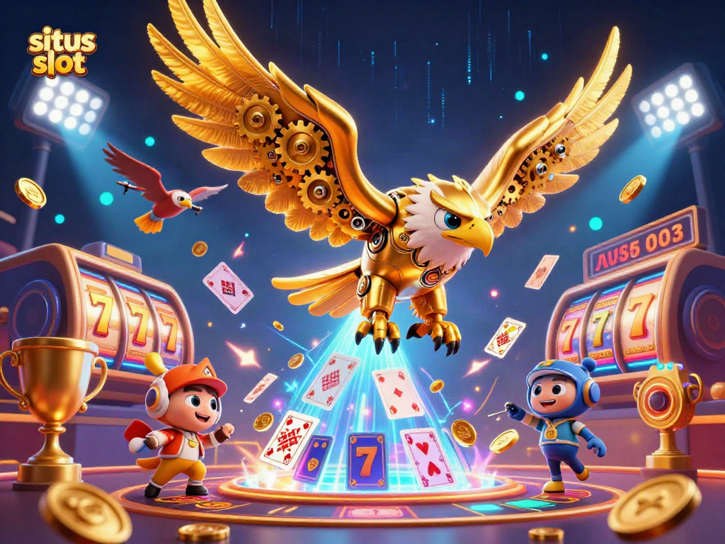 Experience situs slot thrills with an ultra-detailed 3D illustration of a diving eagle and slot elements.