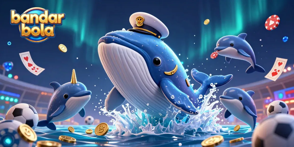 Experience thrilling sports betting with bandar bola amidst playful dolphins and a captivating whale.