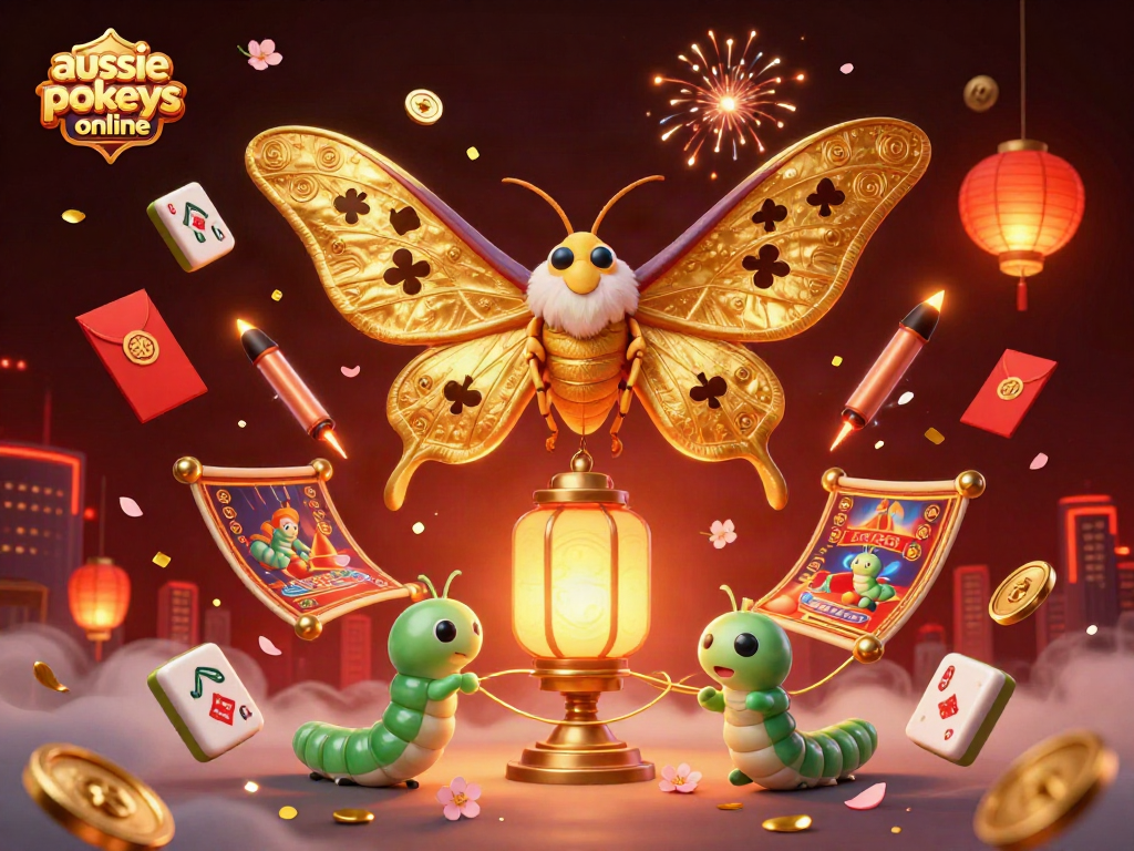 Spin to win with aussie pokies online, featuring a golden atlas moth and vibrant casino elements.