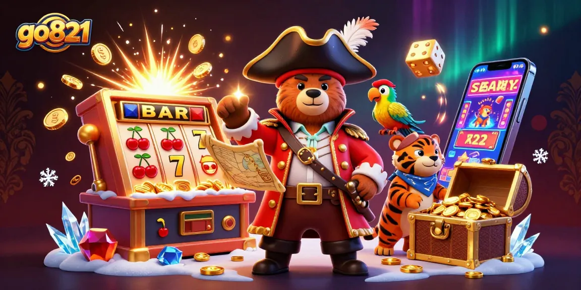 Experience thrilling wins at go821 with a vibrant scene of a pirate captain bear and tiger first mate celebrating casino games.