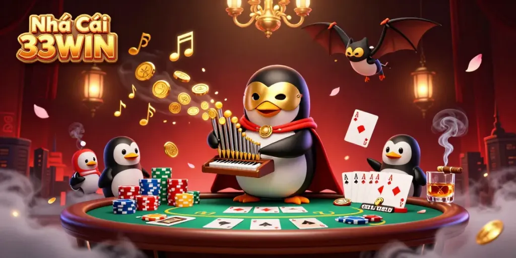 Experience the excitement of Nhà Cái 33WIN with vibrant 3D casino visuals, highlighting dynamic gameplay.