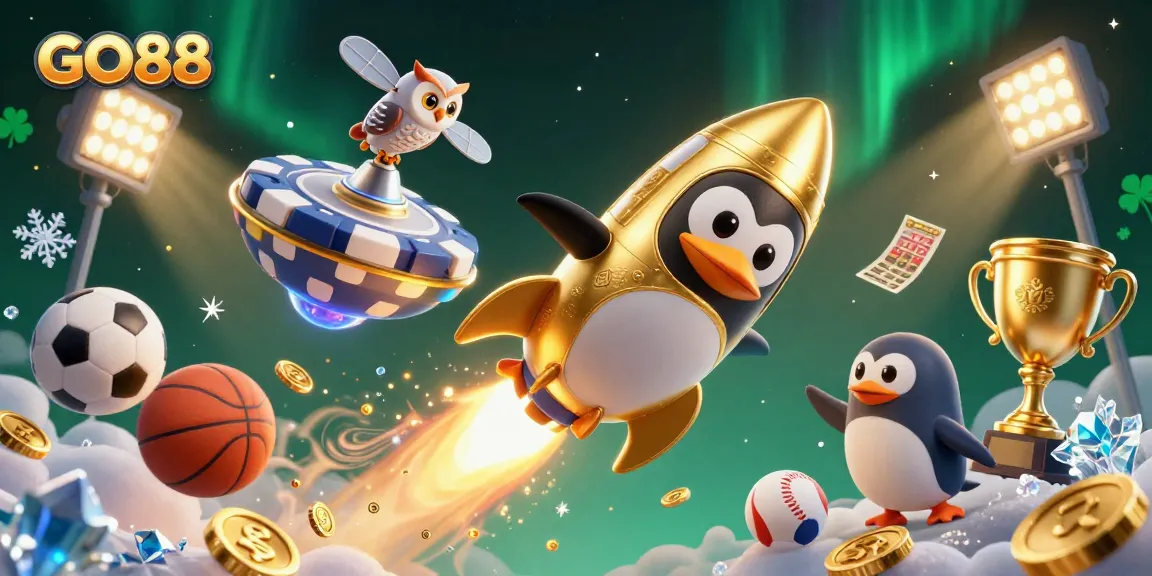 Experience the thrilling world of GO88 with golden penguins navigating a vibrant casino cosmos.