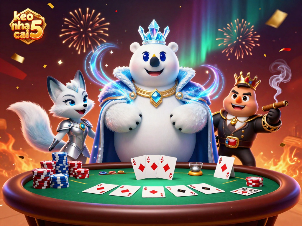 Engage in thrilling gameplay with keo nha cai 5 as 3D characters enjoy poker excitement!